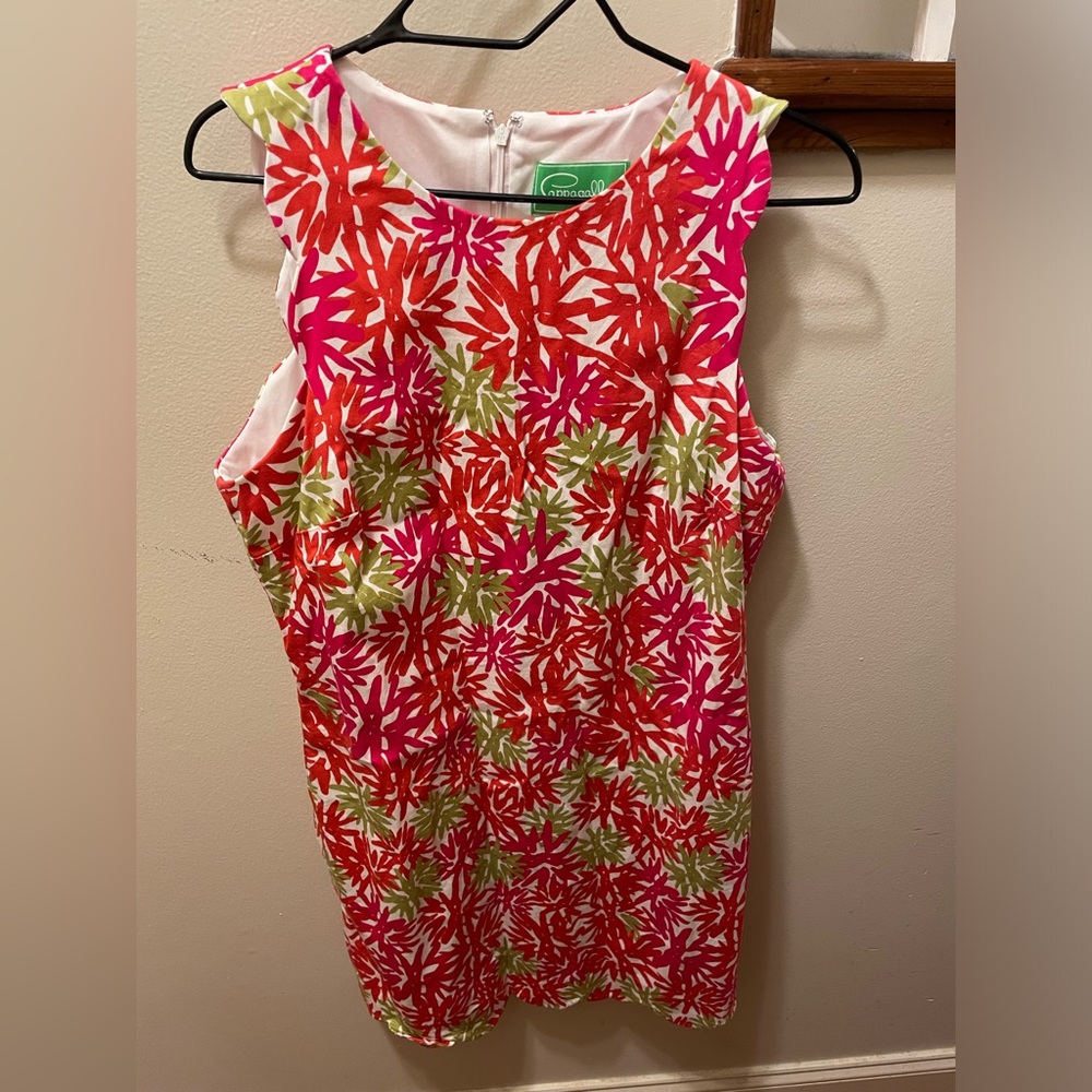 Cappagallo pink green and white sheath dress with scalloped sleeve & hem.Size 12